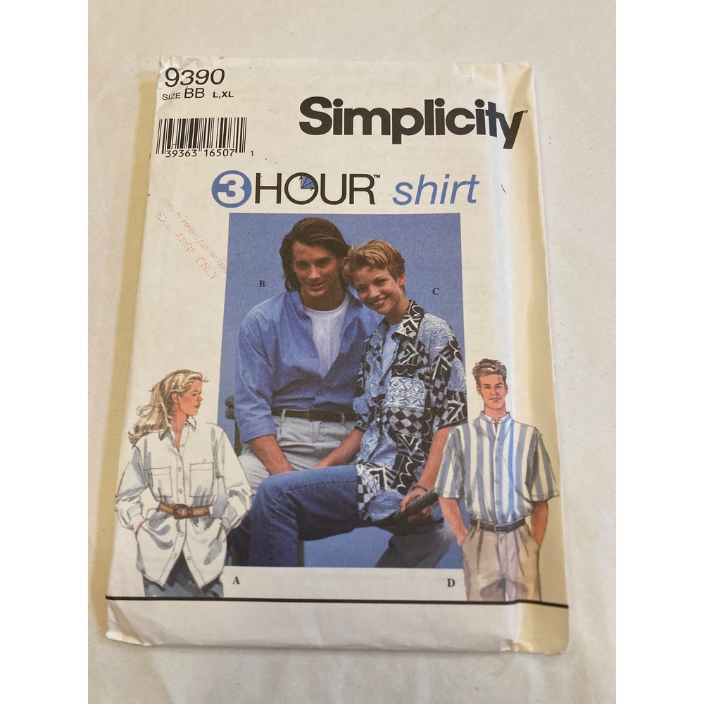 Vintage Simplicity 9390 Sewing Pattern 3 Hour Shirt Unisex Mens Womens Size L XL